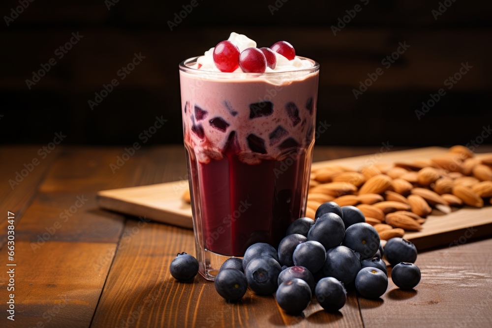 A refreshing glass of blueberry and almond blend, beautifully garnished with fresh blueberries and almonds, set against a rustic wooden backdrop A refreshing glass of blueberry and almond blend, beautifully garnished with fresh blueberries and almonds, set against a rustic wooden backdrop