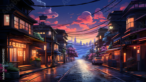a beautiful japanese tokyo city town in the evening. houses at the street. anime comics artstyle
 photo
