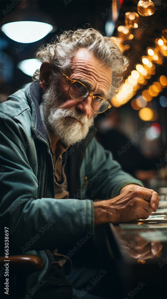 lonely gray-haired and sad old man sitting in a bar on a blurred background. loneliness concept