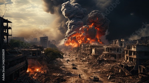 city in war situation building destroy by missile in bird eyes view