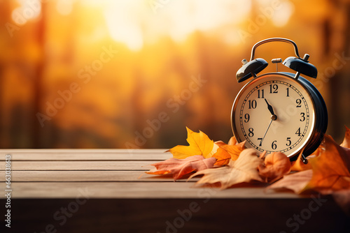 Seasonal Awakening, Alarm Clock and Autumn Leaves Embrace Daylight Saving Time photo