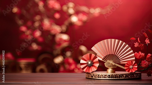 Luxury Chinese podium mockup with flower and Chinese fan on the glitter background AI Generative