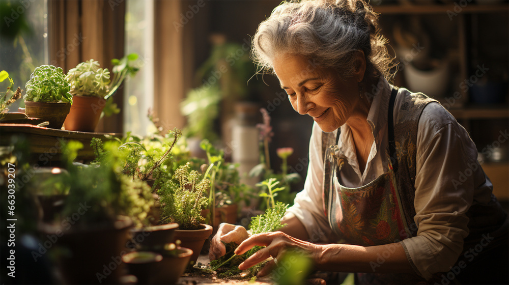 Beautiful smiling grey-haired elderly woman 60-70 years old working on seedlings