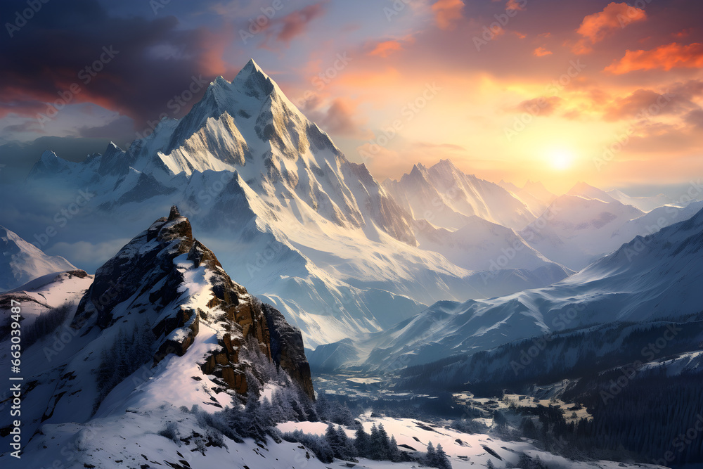 Winter Wonderland, Majestic Snow-Capped Peaks Bathed in Sunlight