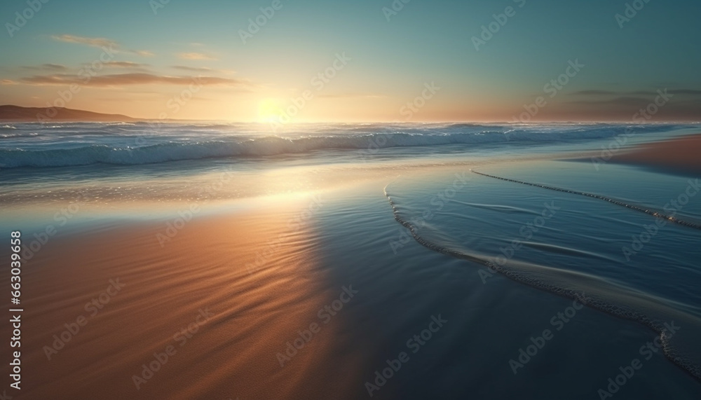 Fototapeta premium Sunset over the tranquil coastline, waves reflecting the golden twilight generated by AI