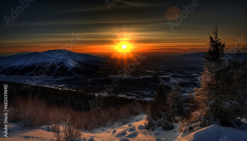 Winter landscape snow covered mountains, tranquil forest, majestic sunrise, frozen beauty generated by AI