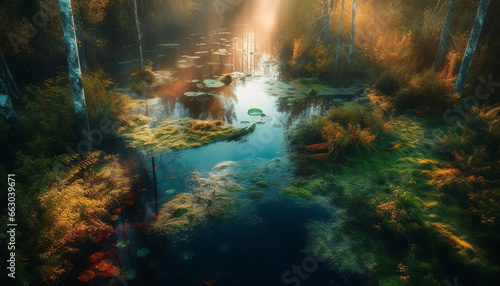 Tranquil scene  autumn forest reflects vibrant colors in tranquil pond generated by AI