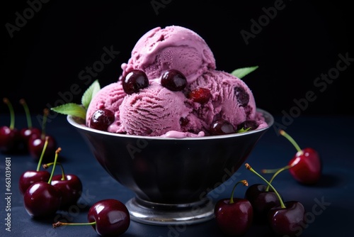 Deep Cherry Bliss: Immerse Yourself in a Flavorful Paradise with a Bowl of Homemade Black Cherry Ice Cream, Packed with Rich and Delectable Tastes, an Indulgent Treat.

