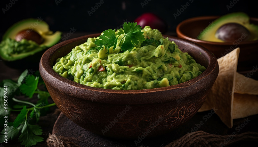 Fresh guacamole, a savory dip, served in a rustic wooden bowl generated by AI Fresh guacamole, a savory dip, served in a rustic wooden bowl generated by AI