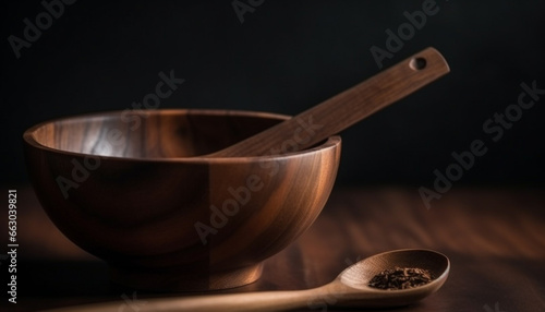 Wooden spoon and bowl on rustic table in domestic kitchen generated by AI