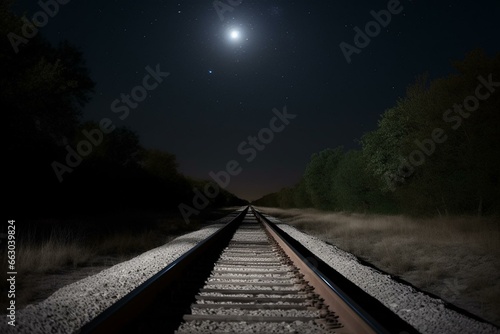 A train track illuminated by moonlight during nighttime. Generative AI