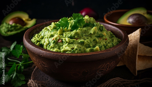 Fresh guacamole, a savory dip, served in a rustic wooden bowl generated by AI