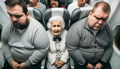 Distressed elderly lady sandwiched between two big men on plane photo