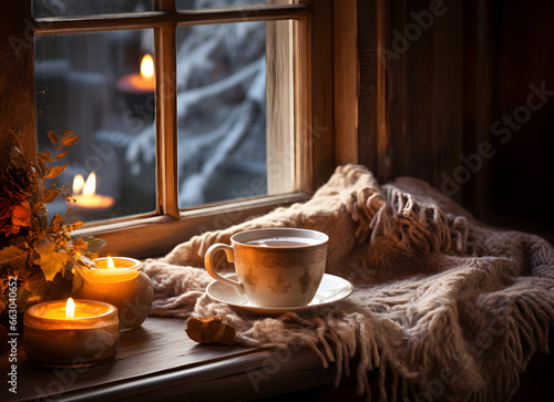 Warmth of Winter, Cozy Coffee and Comfort on a Vintage Windowsill