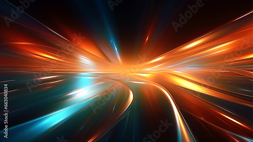 Art of modern golden light wave pattern, orange and blue color on black background.