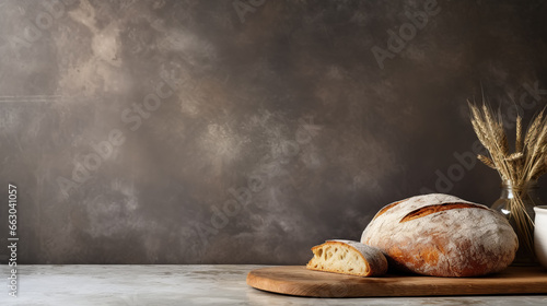 Homemade rustic bread on a marble kitchen countertop, on dark background with copy space