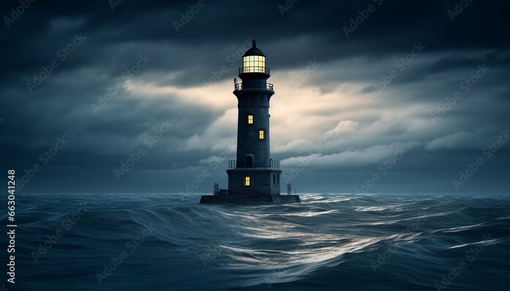 Coastline waves illuminate famous beacon, guiding ships through dark night generated by AI
