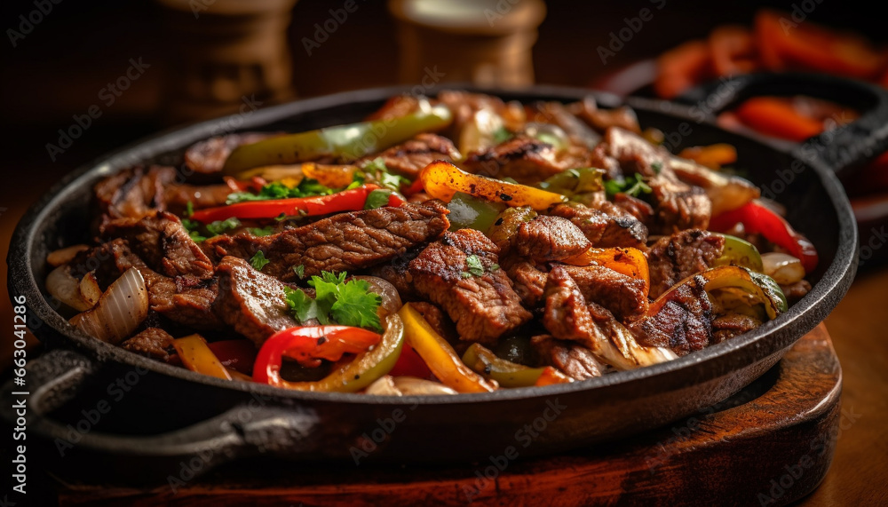 Grilled beef steak with vegetables, cooked on a rustic barbecue generated by AI Grilled beef steak with vegetables, cooked on a rustic barbecue generated by AI