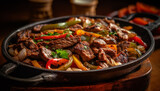 Grilled beef steak with vegetables, cooked on a rustic barbecue generated by AI