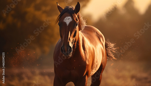 Beautiful stallion grazing in the meadow at sunset, showcasing nature beauty generated by AI © djvstock