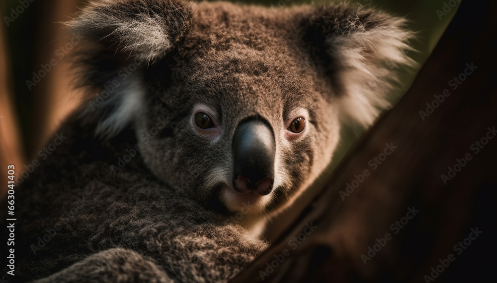 Obraz premium Cute koala, marsupial mammal, looking at camera, sitting on branch generated by AI
