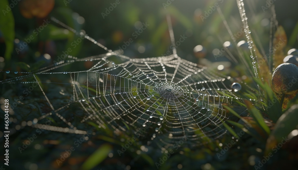 Spider web glistens with dew, capturing the beauty of nature generated by AI
