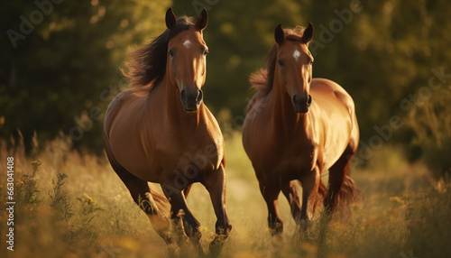 Running stallion in a green meadow  freedom in nature beauty generated by AI