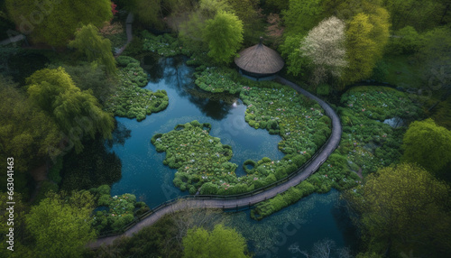 Tranquil scene  green landscape, flowing water, high angle view generated by AI