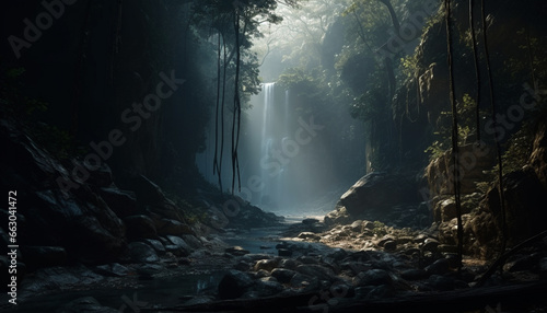 Tranquil scene  mysterious forest  wet rocks  fog  and flowing water generated by AI