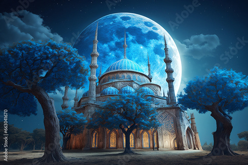 the moon is shining over a mosque in the night photo