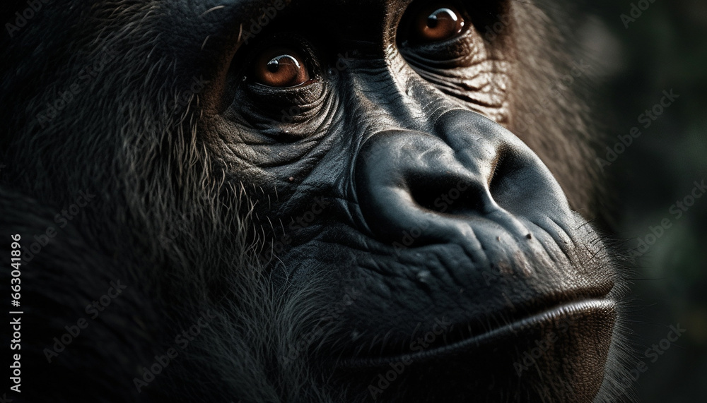 Primate portrait Endangered monkey in African rainforest, staring at camera generated by AI Primate portrait Endangered monkey in African rainforest, staring at camera generated by AI