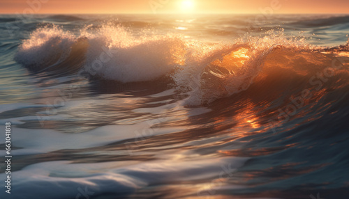 Sunset over the water, waves reflecting the beauty of nature generated by AI