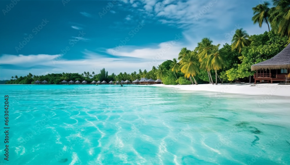 Fototapeta premium Idyllic tropical coastline, palm tree bungalow, tranquil turquoise water generated by AI