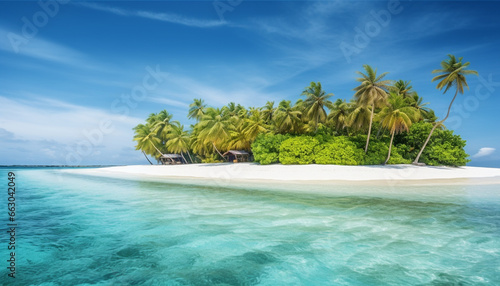 Idyllic tropical coastline, palm tree, turquoise waters, tranquil paradise generated by AI