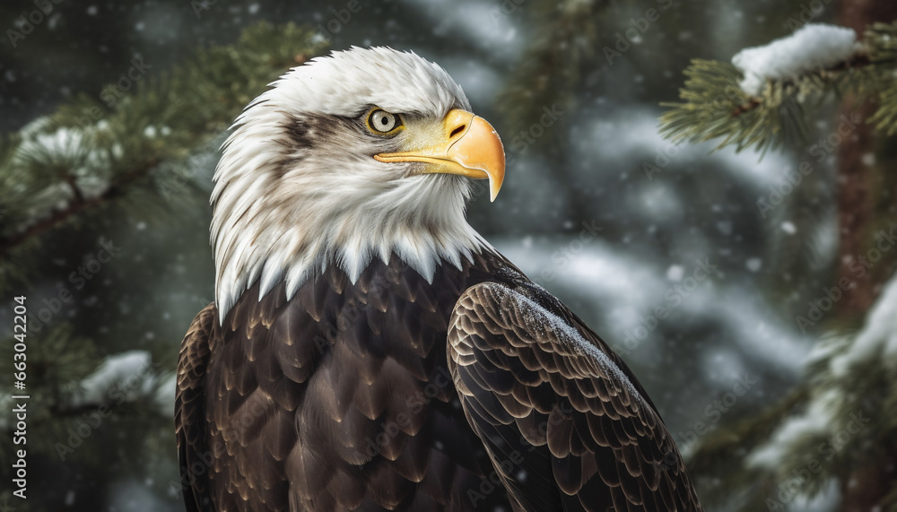 Majestic bird perching on branch, nature beauty in tranquil forest generated by AI Majestic bird perching on branch, nature beauty in tranquil forest generated by AI