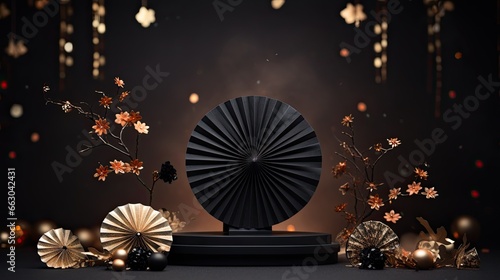 Luxury Chinese black gold marble product podium mockup on the glitter background AI Generative