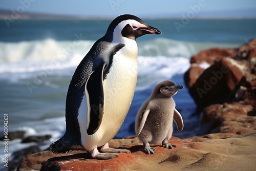 Penguin with offspring by shoreline. Generative AI