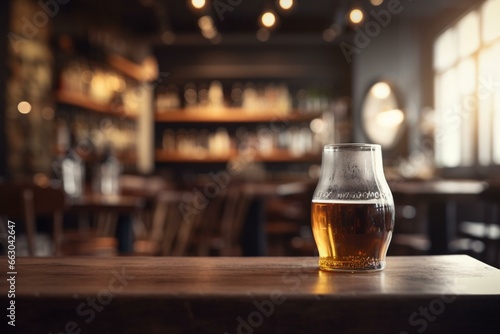 Image of a beer restaurant with a bar tabletop, and a blurred background. Generative AI