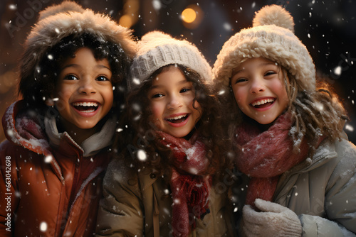 Joyful Moments, Adorable Mixed Race Girls Embrace the Magic of Christmas in a Snowy Winter Wonderland