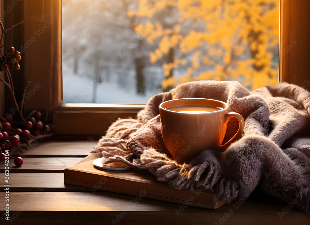 Cozy Winter Morning, Steaming Coffee and Plaid on Vintage Windowsill Cozy Winter Morning, Steaming Coffee and Plaid on Vintage Windowsill