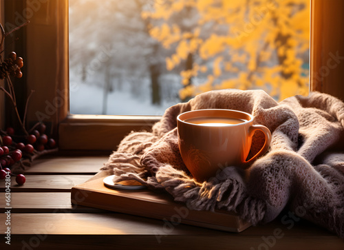 Cozy Winter Morning, Steaming Coffee and Plaid on Vintage Windowsill