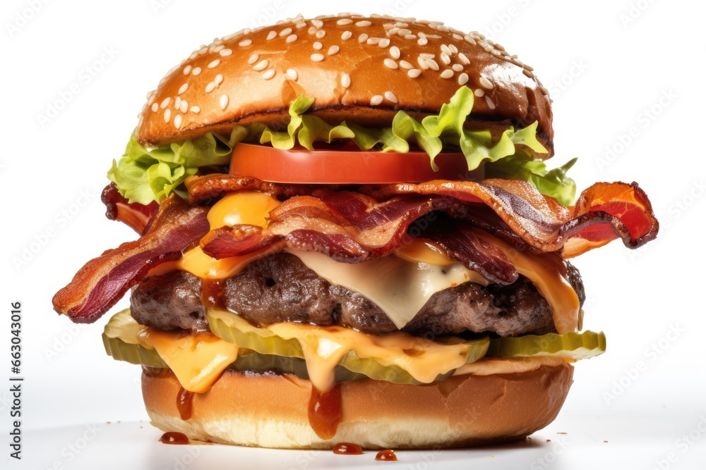 Burger Stacked with Double Angus Beef Patties, Aged Cheddar Cheese, Crispy Bacon, Caramelized Onions, Lettuce, and Special Sauce, All on a Pretzel Bun, Isolated on a White Background Burger Stacked with Double Angus Beef Patties, Aged Cheddar Cheese, Crispy Bacon, Caramelized Onions, Lettuce, and Special Sauce, All on a Pretzel Bun, Isolated on a White Background