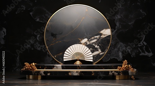 Luxury Chinese marble product podium mockup with flower and clouds vector on the glitter background AI Generative