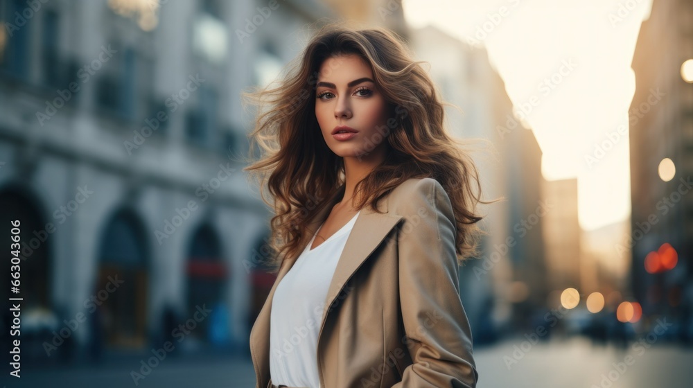A woman in a trendy, urban outfit stands confidently on a city street, her unique style blending high fashion with street-smart edge. A woman in a trendy, urban outfit stands confidently on a city street, her unique style blending high fashion with street-smart edge.