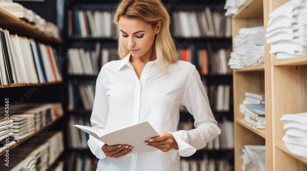 A woman in minimalist, sustainable attire browses a local bookstore, her simple yet chic style mirroring her conscious lifestyle choices. A woman in minimalist, sustainable attire browses a local bookstore, her simple yet chic style mirroring her conscious lifestyle choices.
