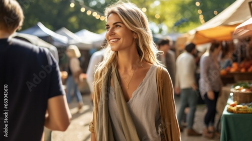 A woman, in comfortable casual wear, enjoys a leisurely stroll through a farmers market, her relaxed demeanor highlighting her easygoing lifestyle.