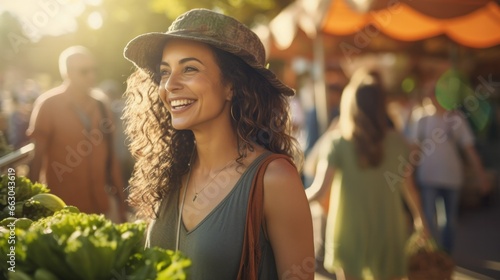 A woman, in comfortable casual wear, enjoys a leisurely stroll through a farmers market, her relaxed demeanor highlighting her easygoing lifestyle. © PixelPaletteArt