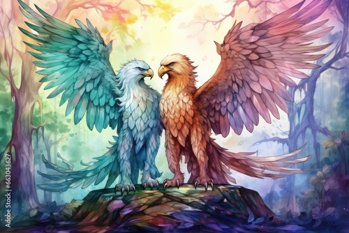 Loyal griffins, majestic creatures with the body of a lion and the wings of an eagle - Generative AI