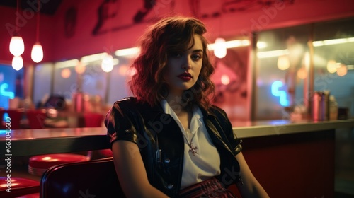 A woman sits at a retro diner booth, her vintage-inspired attire a nod to past eras, embodying classic charm and nostalgia.