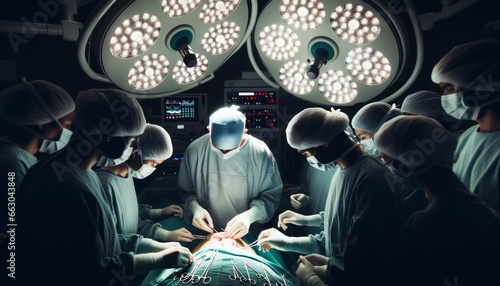 Detailed shot in an operating room illuminated by intense overhead lights. photo